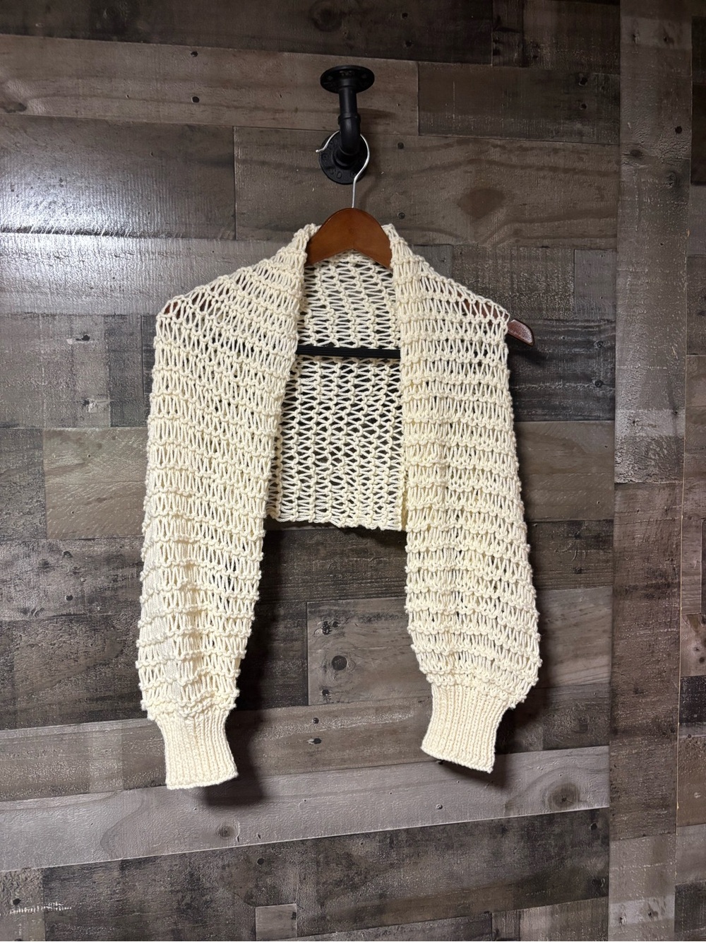 Open-Knit Hand Knit Shrug with Sleeve Cuffs in Cream